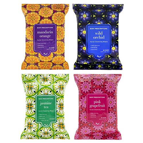 Body Prescriptions Makeup Remover Wipes Bulk, 4 Pack, 120 Facial Cleansing Cloths Removes Makeup, Mascara, Dirt and Oil (Pink Grapefruit, Mandarin Orange, Jasmine Tea and Wild Orchid)