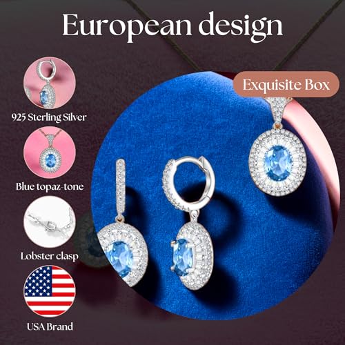 925 Sterling Silver Jewelry Set - Oval Blue Topaz-Tone and CZ Diamond Halo Necklace with Matching Earrings, Dainty Pendant Set with Exquisite Leather Box3