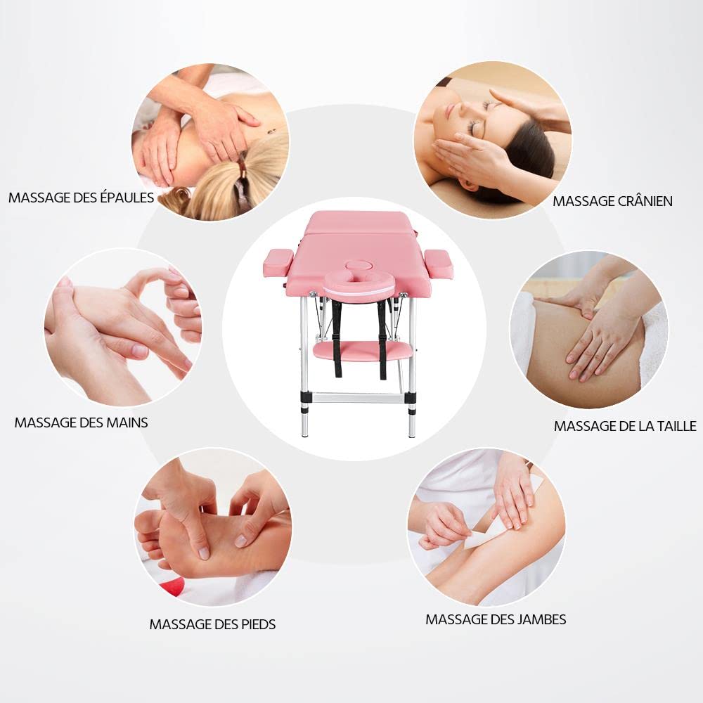 Abician Table de Massage Pliante Réglable en 8 Hauteurs Table de Massage Portable 3 Sections Pieds en Bois Massif Dossier Têtière Repose-Bras Hamac 213 x 82 x 85,5 cm Noir