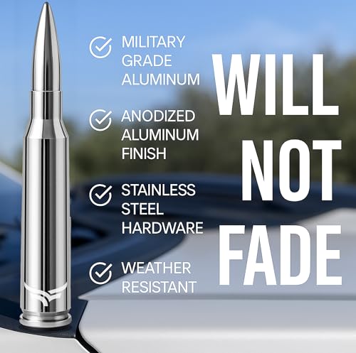 Image of EcoAuto Bullet Antenna Replacement for Dodge Ram & Ford F150 F250 F350 Super Duty Ford Raptor Bronco Trucks - Anti-Theft Design - Radio Antenna for Truck 1990 - Current (Chrome)