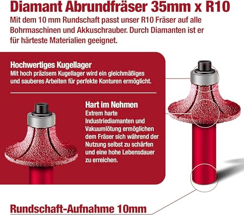 BAYERTAL® Diamant Abrundfräser 35mm x R10 - zum Abrunden von harte Fliesen, Feinsteinzeug, Granit, Marmor etc - Radiusfräser - Premium Qualität Kantenfräser für Bohrmaschinen - Profilfräser R10