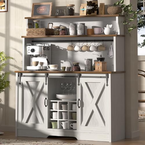 BestHaped Farmhouse Coffee Bar Cabinet with 3 Tier Storage Hutch,