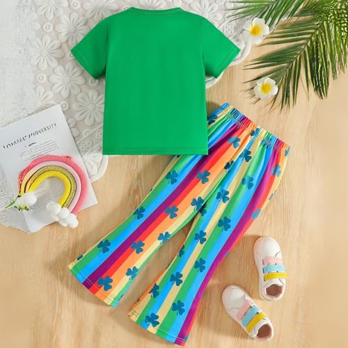 Image of Girls St Patricks Day Outfit Toddler Girls Shamrocks Rainbow Print T-shirt and Flared Pants Clothes Set