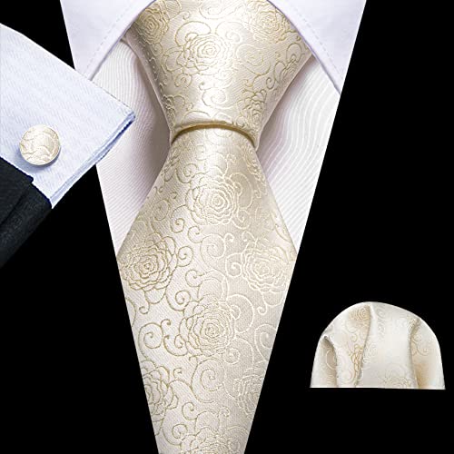 Image of Barry.Wang Flower Ties for Men Handkerchief Cufflinks Set Wedding Necktie Set Party