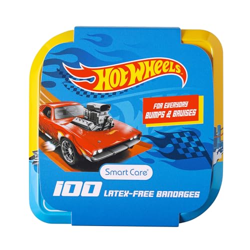 Smart Care Hot Wheels Bandage Kit, Bandaids for Kids, Ideal for Boys, Infants and Children, Latex-Free Band Aids, Ft a Collectible Hot Wheels Tin Case, Variety Pack with 3 Assorted Sizes, 100 ct.