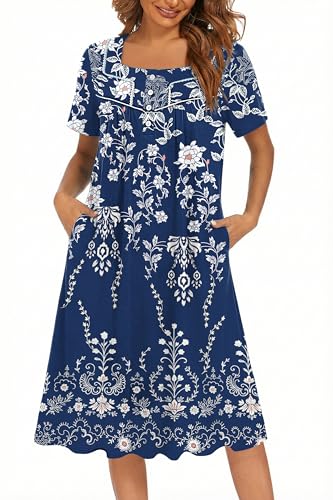 Image of Ekouaer Women's House Dress with Pocket Button Mumus | Short Sleeve Nightgown, Floral Print Mumu Dresses, Square Casual Sleepwear, Boho Roomy Housecoat, Plus Size Soft Sleepwear