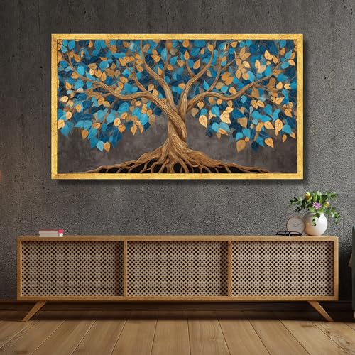 Tableau sur toile arbre bleu doré abstrait pour décorer un salon chic 45x80cm - 2