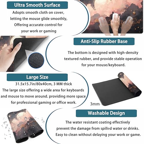 Pink Black Clouds Desk Mat XXL Large Extended Gaming Mouse Pad Celestial Mousepad with Stitched Edges, Office Desktop Decor Desk Pad Computer Mat, Laptop Keyboard and Mouse Mat, 31.5x15.75 in - Image 4