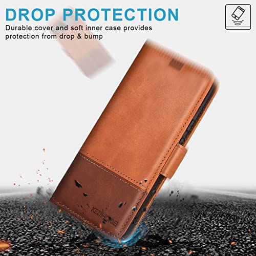 Kezihome Case For Google Pixel 7, Genuine Leather [Rfid Blocking] Wallet Case With Card Holder Kickstand Flip Protective Heavy Duty Phone Cover For Google Pixel 7 5G (Khaki/Brown) #TOP6