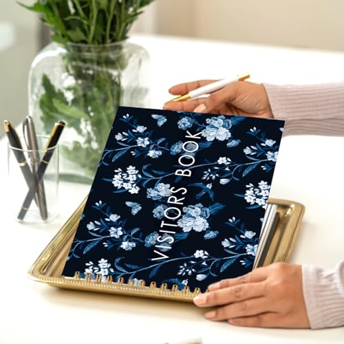 Image of Visitor Book - 8 x 12 Inches | Navy Blue Floral Wire Bound Guest Register for Hotels, Offices, Exhibitions, Boutiques & Business Use | Medium Size Visitor Log Book for Reception & Front Desk