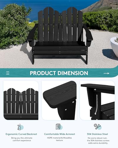 Image of SERWALL Folding Adirondack Bench, HDPE All-Weather Adirondack Loveseat, 660 lbs Capacity, Foldable Outdoor Patio Bench for Deck, Lawn, Garden, Black