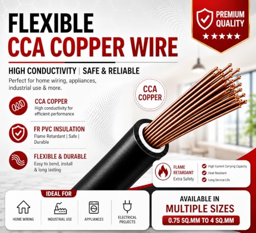 Image of 1.5 SQMM | Black | 90 meter | PVC Insulated Industrial Multistrand CCA Copper Wire | High Purity Copper | Triple Layer Protection | FR Rated | Heavy Duty Electrical Cable | 10 Guage