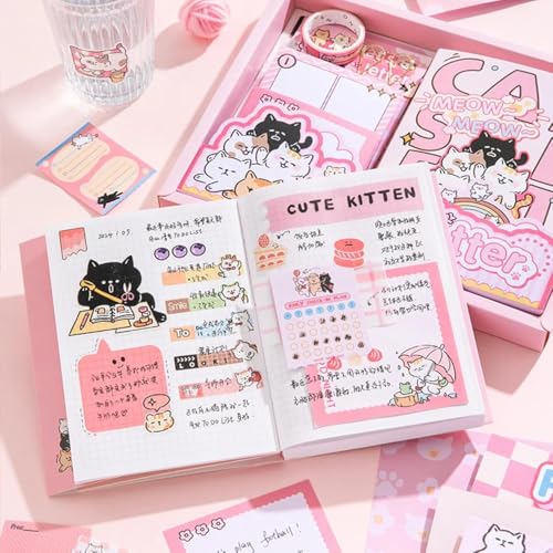Image of VOTDOT Paper Junk Journal & Scrapbook Kit, Scrapbooking Supplies Kit with Creative Decor Journaling Supplies, Stationery, Stickers, A6 Grid Notebook with Graph Ruled Page Gift for Girl (Cats Letter)