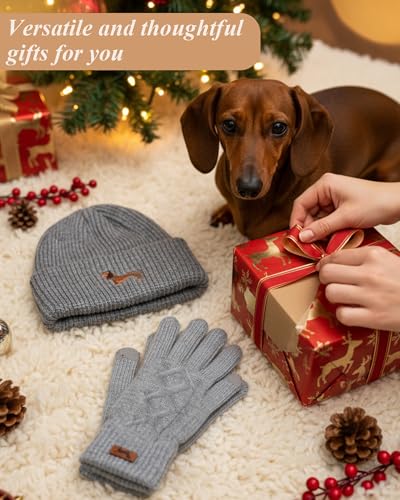 Geyoga Dackel Motiv Geschenke für Frauen Mütze Handschuh Sets Warme Strickmütze Winter Beanie Mütze Strickhandschuhe Fleecehandschuhe Geschenk für Hundebesitzer(Grau,Dackel)