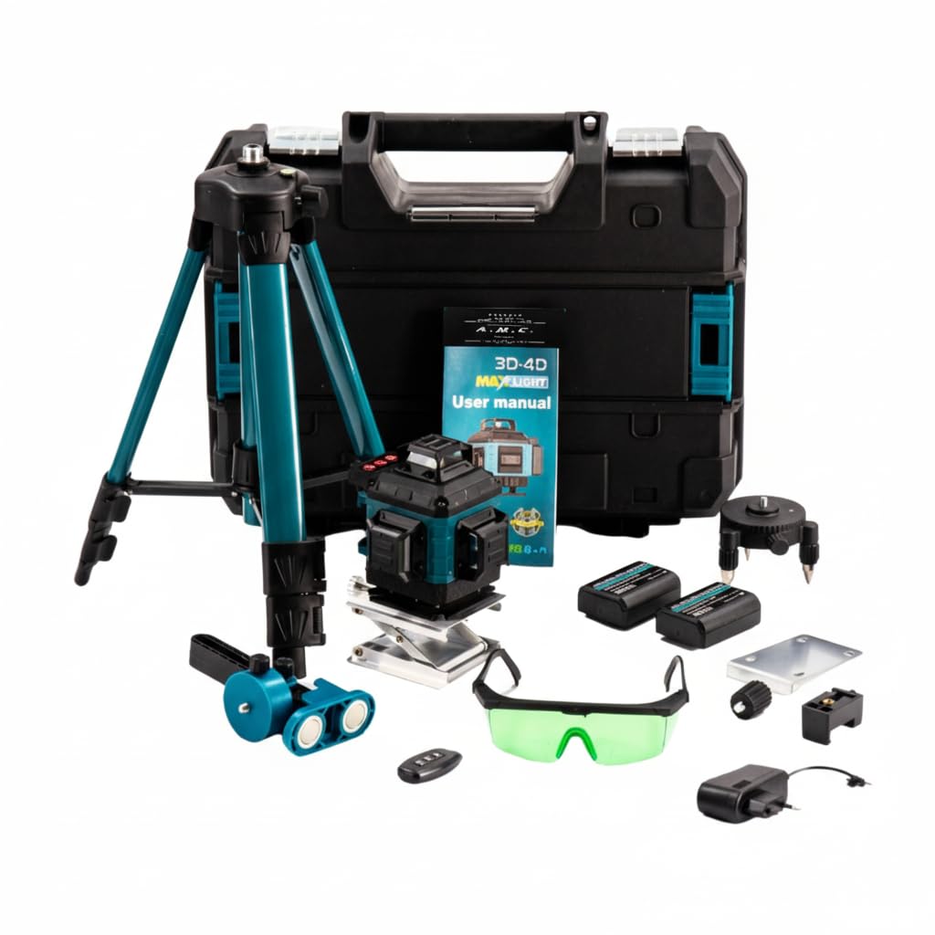 Livellatore Laser 4D 16 Linee 360° Verde con Treppiede – Autolivellante Professionale con Batterie, Supporto Magnetico e Telecomando, Laser Multilinea per Edilizia e Ristrutturazioni