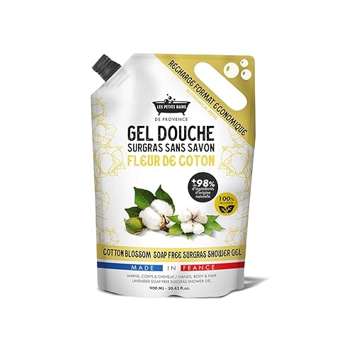 Recharge Gel Douche Fleur de Coton 900ml Les Petits Bains de Provence - Gel Douche surgras sans savon, +98% ingrédients naturels, pour mains, corps et cheveux, recyclable