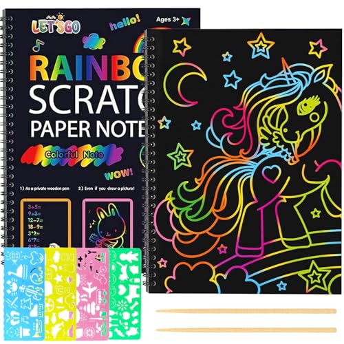 2 Pcs Scratch Paper Art, Rainbow Scratch Art Toys, Scratch Art Notebook for 4-13 Year Old Girls & Boys, Kids Educational Toys for 7 8 9 10 Years Old Birthday Gifts
