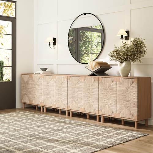 Image of Nathan James Beacon Boho TV Stand, Free Standing Kitchen Cabinet Storage with Adjustable Interior Shelf and Seagrass Accent, Seagrass /Raw Oak, Set of 4