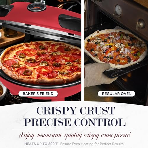 Image of Baker's Friend Electric Pizza Oven Indoor Countertop, 12 Inch Pizza Maker Machine for Home, Pizza Cooker & Pizza Grill, Premium Glazed Ceramic Stone Pizza Oven, Chilli Red