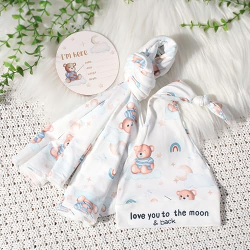 Image of Ylsteed Baby Swaddle Blanket and Headband Set, Newborn Receiving Blanket Swaddle Wrap for Girls and Boys, Swaddling Blankets Neutral for Newborn， Soft and Skin-Friendly 32 * 32 inches (Blue Bear)