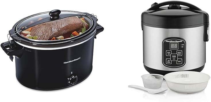 Hamilton Beach Slow Cooker & Digital Programmable Rice Cooker & Food Steamer, 8 Cups Cooked 4 Uncooked, With Steam & Rinse Basket, Stainless Steel 37518