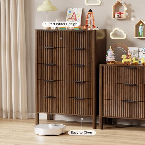 Image of 47 Inch Tall Dressers for Bedroom Fluted 5 Drawer Dresser, Wooden Dresser Modern Chest of Drawers Dressers with Organizer Storage for Bedroom, Living Room, Entryway, Walnut