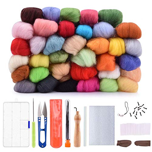 AUSHEN - Kit de fieltro de lana para fieltro, 36 colores, fieltro, fieltro, con aguja para fieltro, artesanía, bricolaje