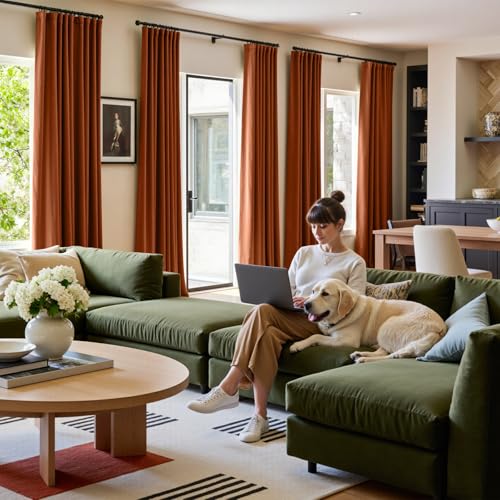 Image of Extra Long Burnt Orange Curtains Back Tab 52x108 Inch 2 Panels | Soft Velvet, Room Darkening, Lined, For Tall Windows & High Ceilings, Light Shifting Texture, Elegant Drape, Luxury
