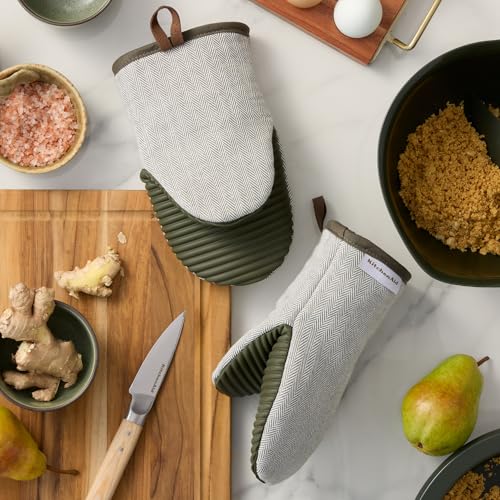 Image of KITCHENAID Evergreen Design Series Herringbone Ribbed Soft Silicone Mini Oven Mitts 2-Pack Set, Heat Resistant up to 500F, Flexible & Waterproof, Deep Forest Green, 5.5 inchx9 inch