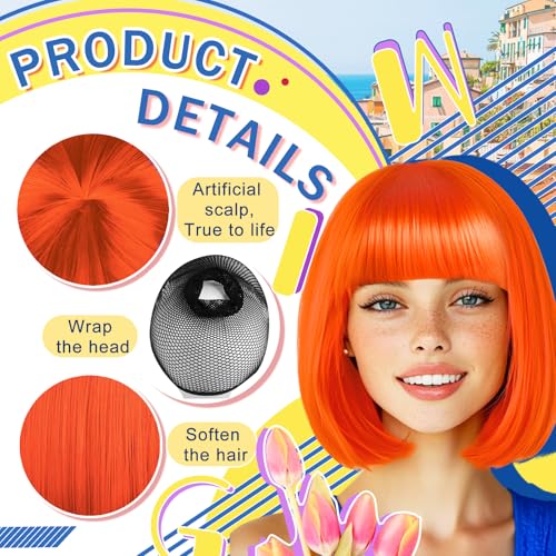 Image of LIULIUBTY Short Bob Hair Wigs Straight with Flat Bangs Synthetic Colorful Cosplay Daily Party Neon Wig for Women + Free Wig Cap 12 inch Natural As Real (Bob, Orange)