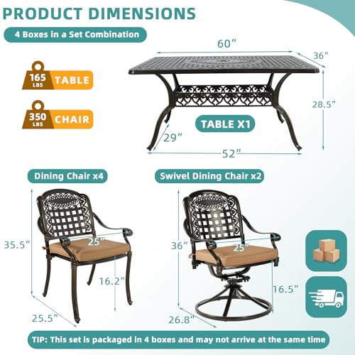Image of MEETWARM 7-Piece Outdoor Patio Dining Set, All-Weather Cast Aluminum Patio Conversation Set with 4 Stationary, 2 Swivel Rocker Chairs, 1 Rectangular Table, 6 Cushions, 2 inch Umbrella Hole