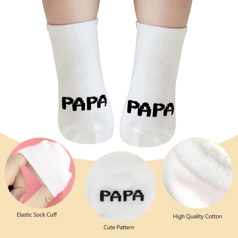 EQLEF Skarpety niemowlęce, prezent, 4 pary MaMa & PaPa Bawełniane skarpety dla noworodków, cienkie skarpety dla dzieci w wieku 0-3 miesięcy, dla dziewczynek, chłopców, do domu, słodkie skarpetki