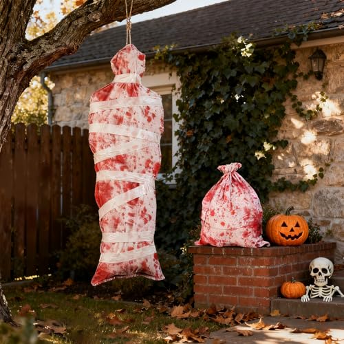 2025 Neue Halloween Deko Leiche Tasche,100 * 86cm Blutbeflecktes Tuch Leichen Requisiten mit Zugband Horror Deko GefäLschte Leiche für Grusel Garten Party Spukhaus Rasen Outdoor Halloween-Deko Innen