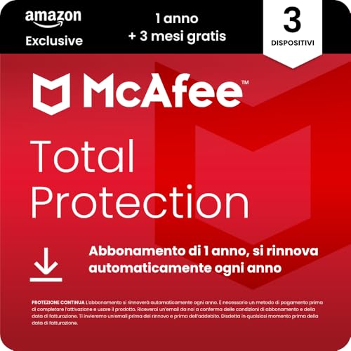 McAfee Total Protection - 3 Dispositiv 2026, 15 mesi, Esclusiva Amazon | Antivirus, VPN gestore delle password, software di sicurezza| Abbonamento con rinnovo automatico, Scarica