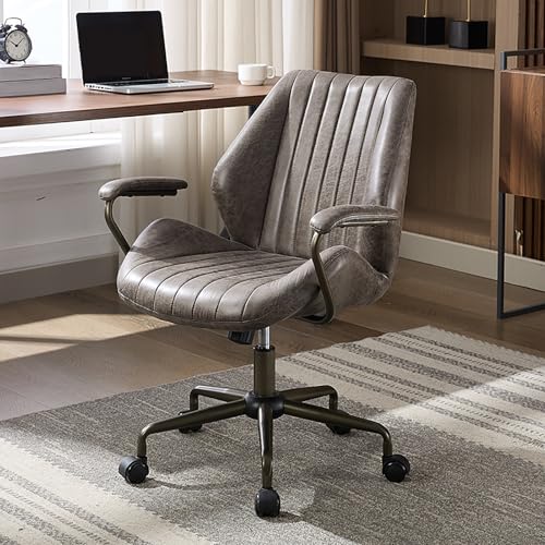 Silla de oficina moderna de mediados de siglo – Silla de escritorio giratoria ergonómica ejecutiva de tela de gamuza, altura ajustable, respaldo medio, silla de escritorio para oficina en casa