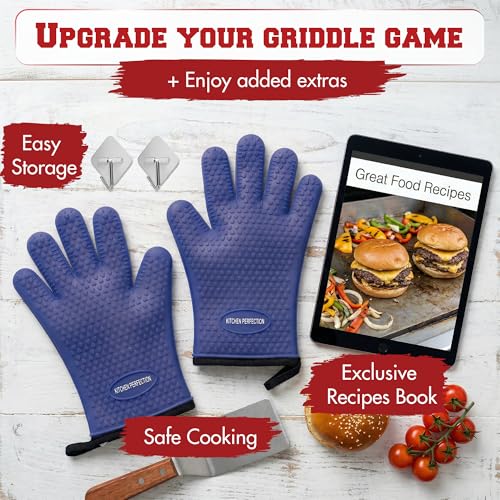 Image of KITCHEN PERFECTION Silicone Oven & Griddle Gloves -Extreme Heat Resistant BBQ & Grilling Gloves -Handle Hot Food Right on Your Griddle |Waterproof Oven Mitts Grill Gloves |Superior Set+3 Bonuses