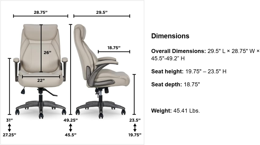 Mbele na upande view of L.a.Z.-Boy office chair with detailed dimensions