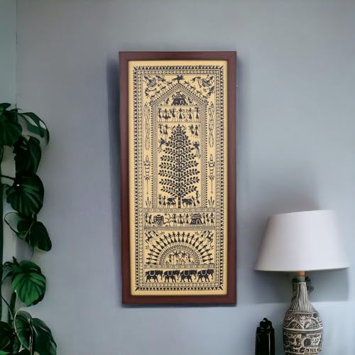 Image of Bhumee Creations Hand Printed Black Saura Tribal Painting on Tussar Silk | Framed Artwork | Size 22 Inches X 10 Inches