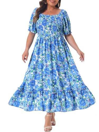 Image of Agnes Orinda Plus Size Dress for Women Short Sleeve Shirred Square Neck Floral Maxi Long Dresses