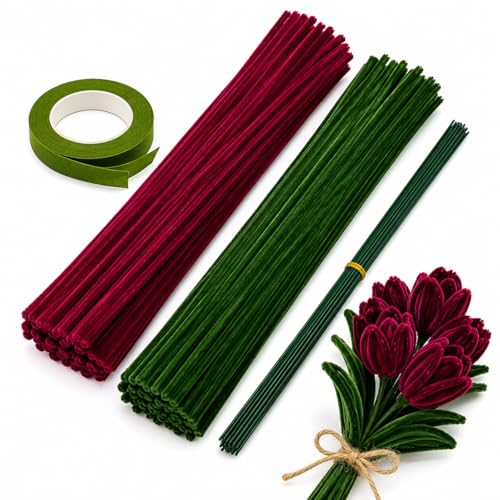 Image of TRAIS-200 PCS Pipe Cleaners Wine Red Chenille Stems for Crafts, Fuzzy Craft Pipe Cleaners, Soft Flexible Bendable Sticks for DIY Art Supplies, Kids Crafts, School Projects (Wine Red & Emerald Green)