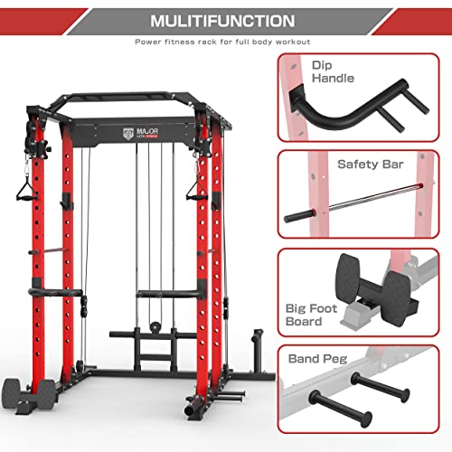 Major Lutie Power Cage, Plm03 1400Lbs Multi-Function Power Rack With Adjustable Cable Crossover System And Exercise Machine Attachment(Red) #TOP4