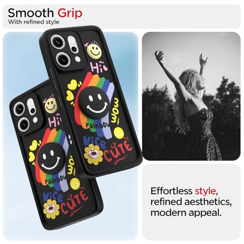 Image of Pikkme Back Cover for Oppo Reno 14 Pro 5G | Soft Silicone| Cute Rainbow Smile & 3D Cartoon Flower Design | Shockproof Raised Camera Protection Bumper Case (Black)