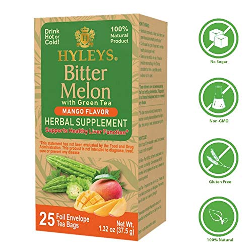 Hyleys Bitter Melon with Green Tea - Mango Flavor - 25 Tea Bags - Supports Healthy Liver Function - Herbal Supplement