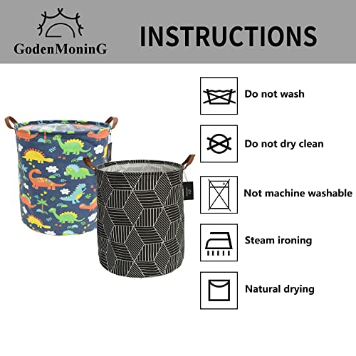 Collapsible Laundry Basket - Godenmoning 2X 62.8L Large Sized Round Waterproof Storage Bin With Leather Handles,Home Decor,Toy Organizer,Children Nursery Hamper.（2 Packs，Black Geometric & Blue Dinosaurs） #TOP5