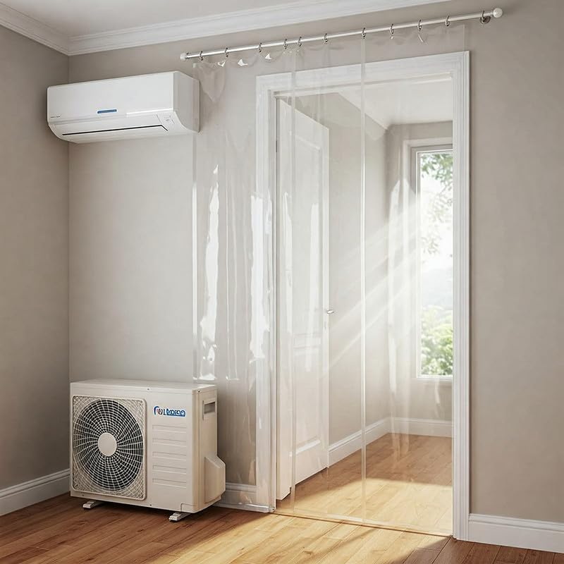 Image of PVC Transparent AC Curtain Water Proof Quick Water Release Solid Transparent Plastic dust Proof Door Curtain Pack of (1, 20 mm, 8 x 4.5 feet)
