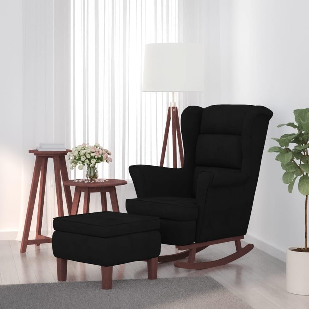 Fotel bujany z czarnego aksamitu, z płozami i taboretem z litego drewna, ergonomiczny fotel relaksacyjny do salonu, sypialni, pokoju dziecięcego, wygodny do czytania, kołysania się i relaksu