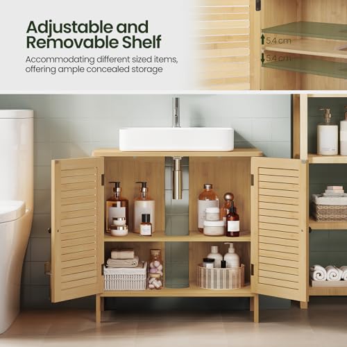EUGAD Waschbeckenunterschrank, Badezimmer Unterschrank, aus natürlichem Material, Waschtischunterschrank, Badezimmerschrank mit 2 Lamellentüren 1 Verstellbarer Ablage, 60x60x30 cm