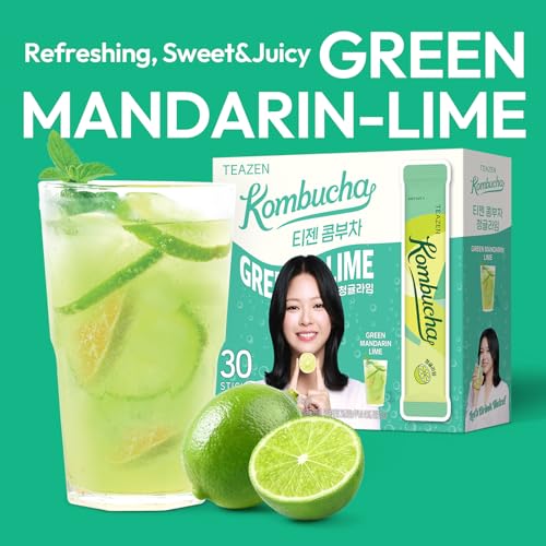 Image of TEAZEN Green Mandarin Lime Kombucha Powder, Hydration Drink Mix, Sugar Free, Live Probiotics & Prebiotics, On-the-Go 30 Packets, 5.29oz