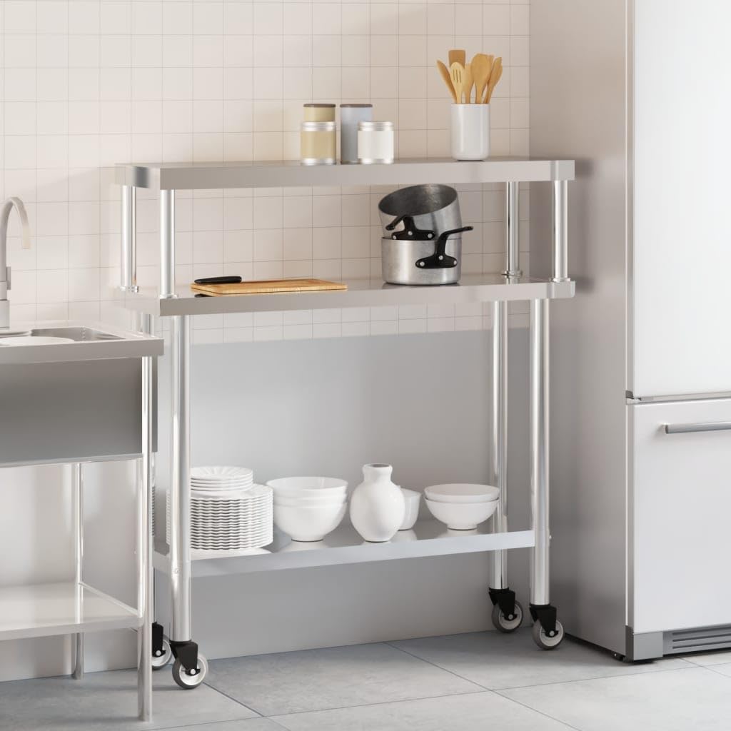 Mesa de trabajo de cocina de acero inoxidable con placa superior 110 x 30 x 120 cm, 4 ruedas con freno, suministros de gastronomía para restaurante, catering, bar, bistró, pizzería, comercial