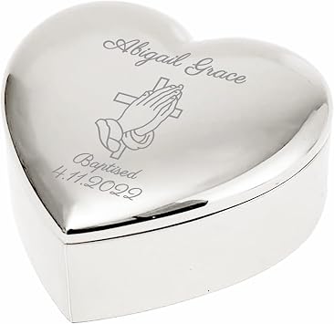 Baptism Gift for Girls Personalized Jewelry Keepsake Box Custom Name Date Cross, Girls Baptism Gifts for Goddaughter Granddaughter Daugther Customized Heart Trinket Box, Design 2 - Silver